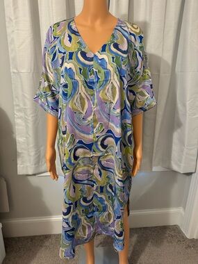 Pretty Easel size S relaxed blue multi color short sleeve pullover dress new